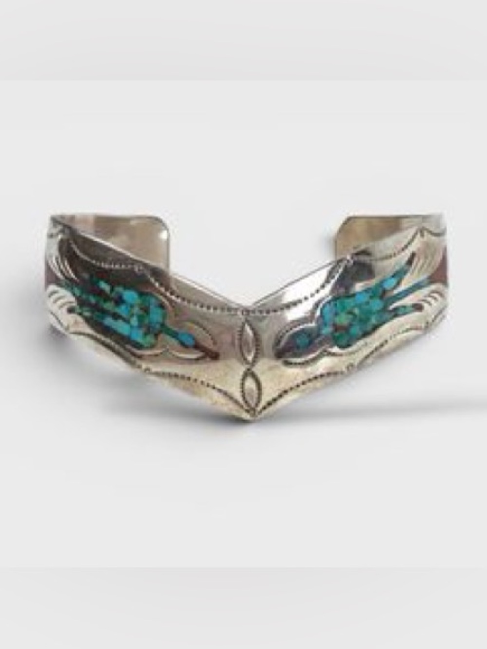 Native American Sterling Silver Turquoise & Red Coral Inlaid Chevron Cuff
